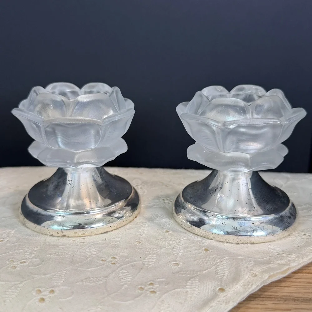 William Adams Frosted Rose Crystal Candle Holders Silverplate Base Vintage Set 2